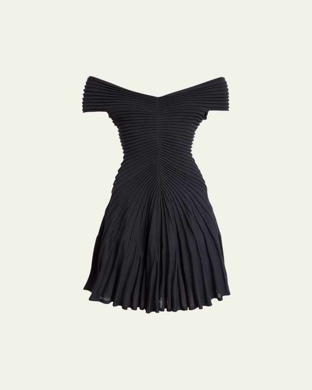 Off-Shoulder Sculpting Line Flared Wool Mini Dress